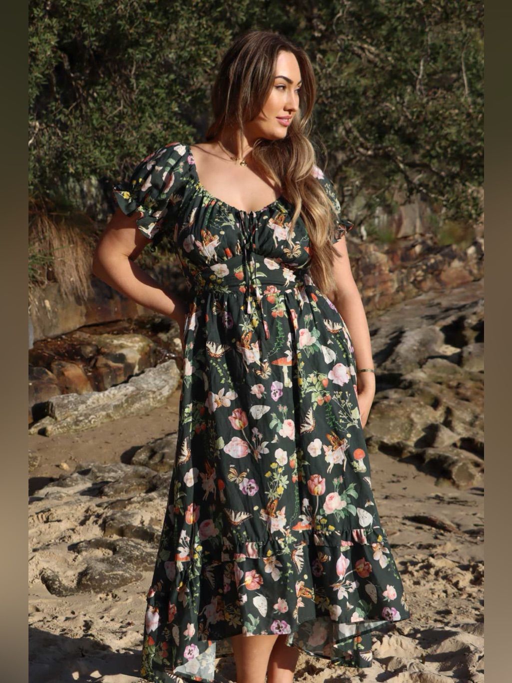 Aulieude Ashley Forest Fairytale Maxi Dress 5x Nwt Green Linen Blend Butterflies — image 2 of 8